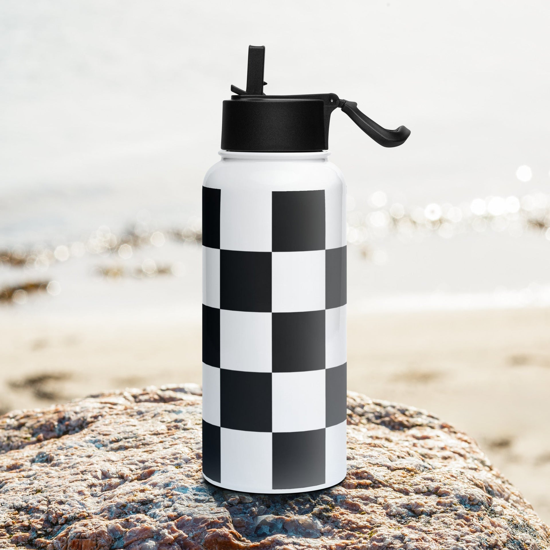 Checkered Stainless Steel Water Bottle with Straw Lid – Black & White, Leakproof & Reusable