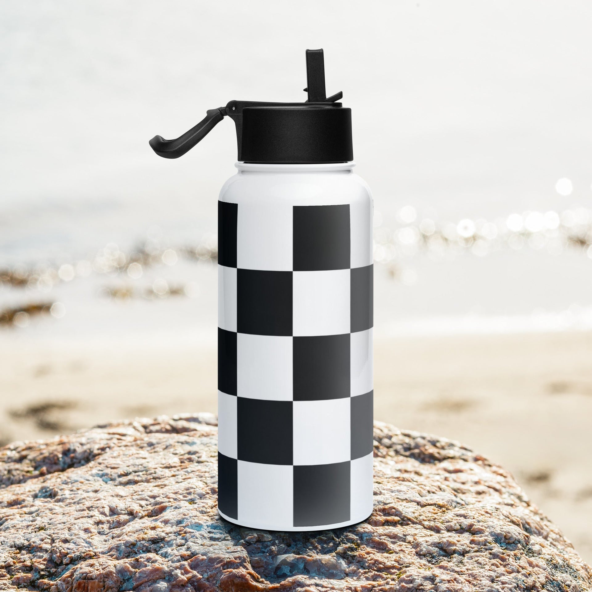 Checkered Stainless Steel Water Bottle with Straw Lid – Black & White, Leakproof & Reusable