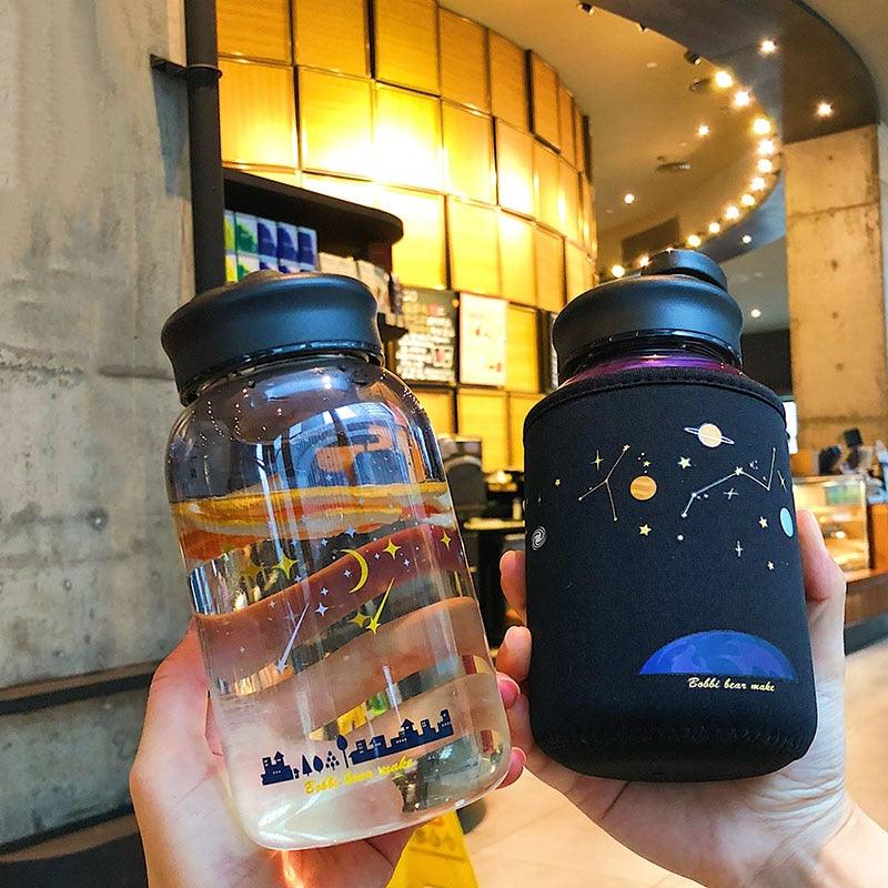Starry Sky Gradient Glass Water Bottle With Protective Bag Cute Fashion Leak Proof Water Cup for Girls Sport Drink Bottles  Creative Glass Water Bottle Portable Outdoor Sport Water Bottles