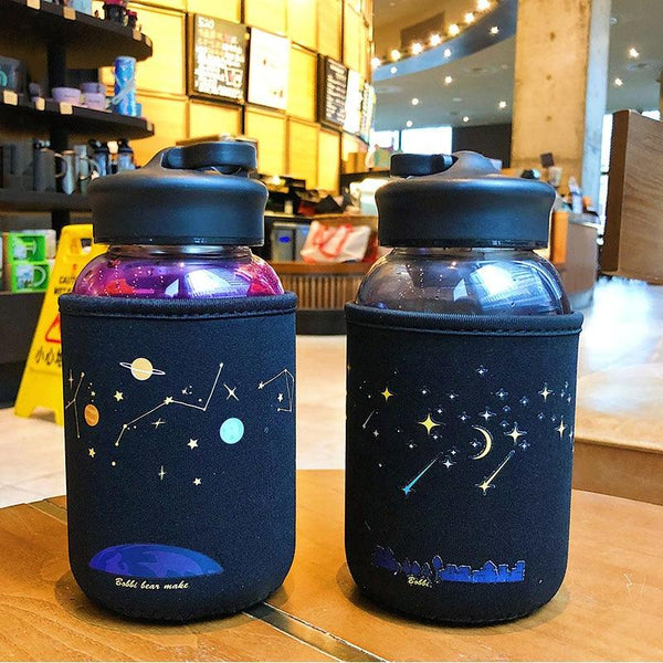 Starry Sky Gradient Glass Water Bottle With Protective Bag Cute Fashion Leak Proof Water Cup for Girls Sport Drink Bottles  Creative Glass Water Bottle Portable Outdoor Sport Water Bottles