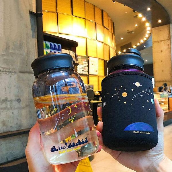 Starry Sky Gradient Glass Water Bottle With Protective Bag Cute Fashion Leak Proof Water Cup for Girls Sport Drink Bottles  Creative Glass Water Bottle Portable Outdoor Sport Water Bottles