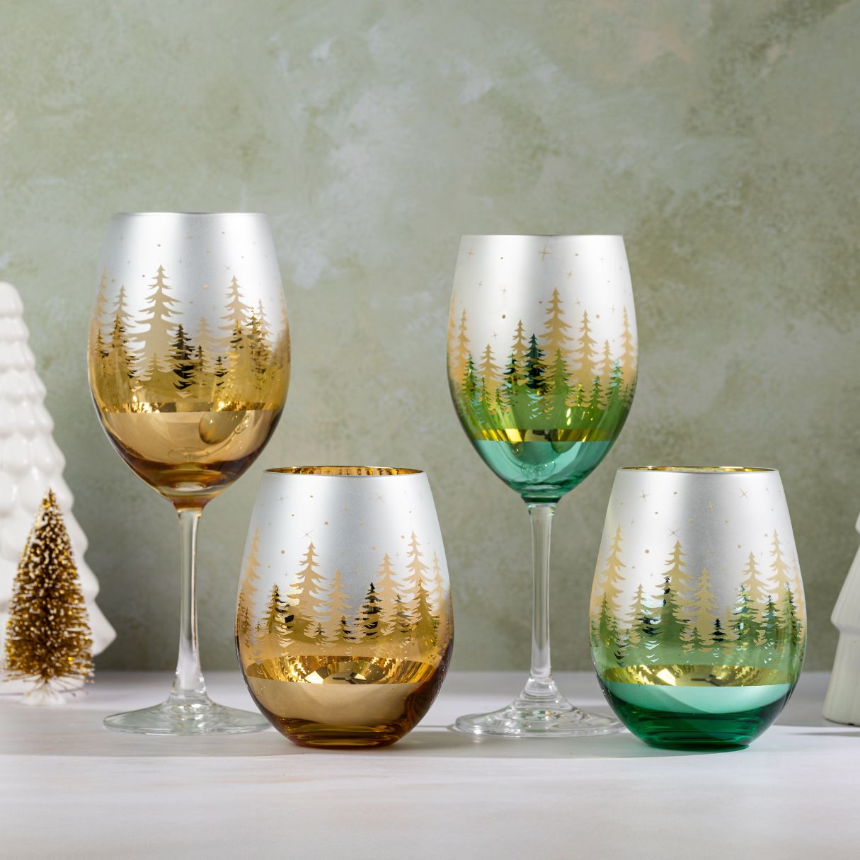 Green Pine Tree Wine Glasses Jersey Art Glass