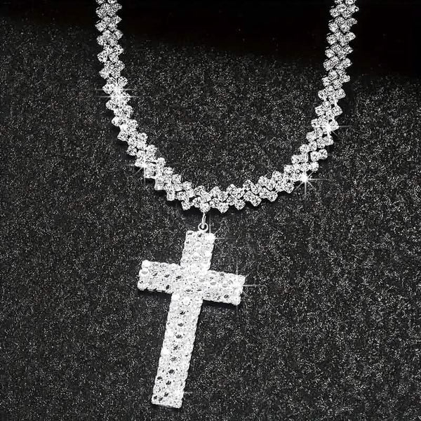 Sterling Silver 925 Luxury Cross Pendant Necklace with Multi-Layer Zircon and Sparkling Rhinestones
