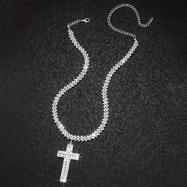 Sterling Silver 925 Luxury Cross Pendant Necklace with Multi-Layer Zircon and Sparkling Rhinestones