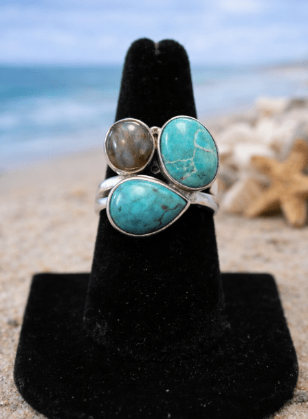 Sterling Silver Turquoise & Labradorite Ring – Coastal Statement Jewelry Size 5