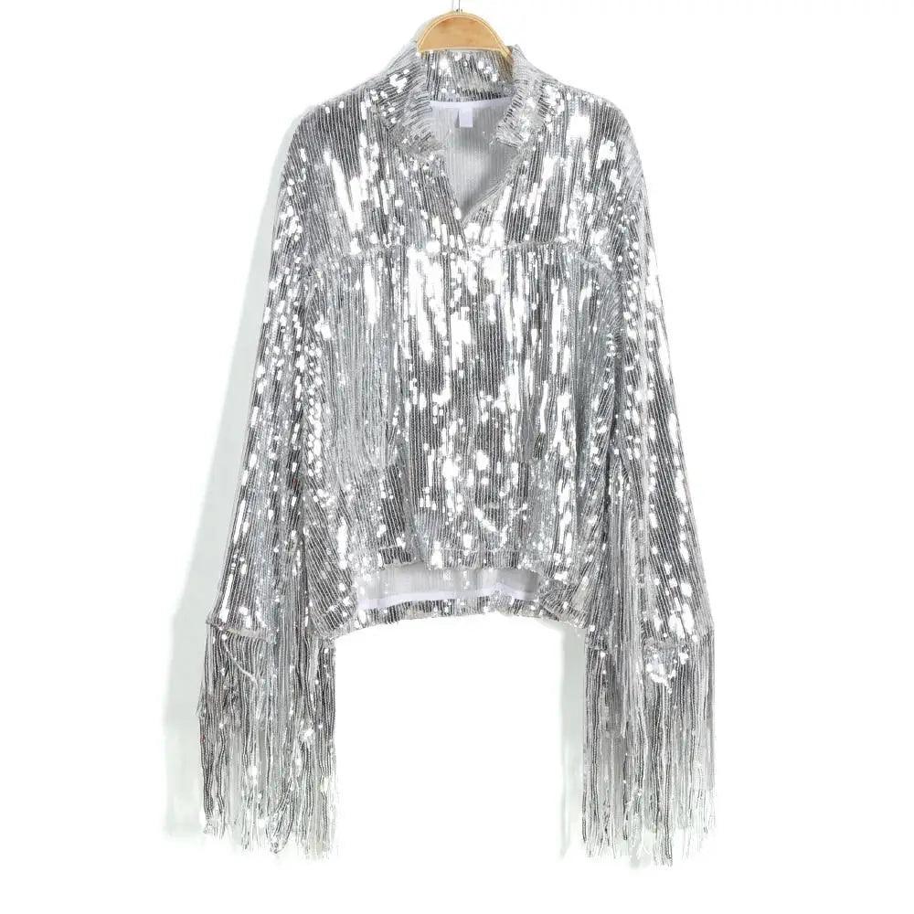 Sterlling Women's Tassel Sequin Jacket Autumn Winter Streewear Rock Stylish Long-sleeved Silver Reflective Jacket Women Outwear Tops