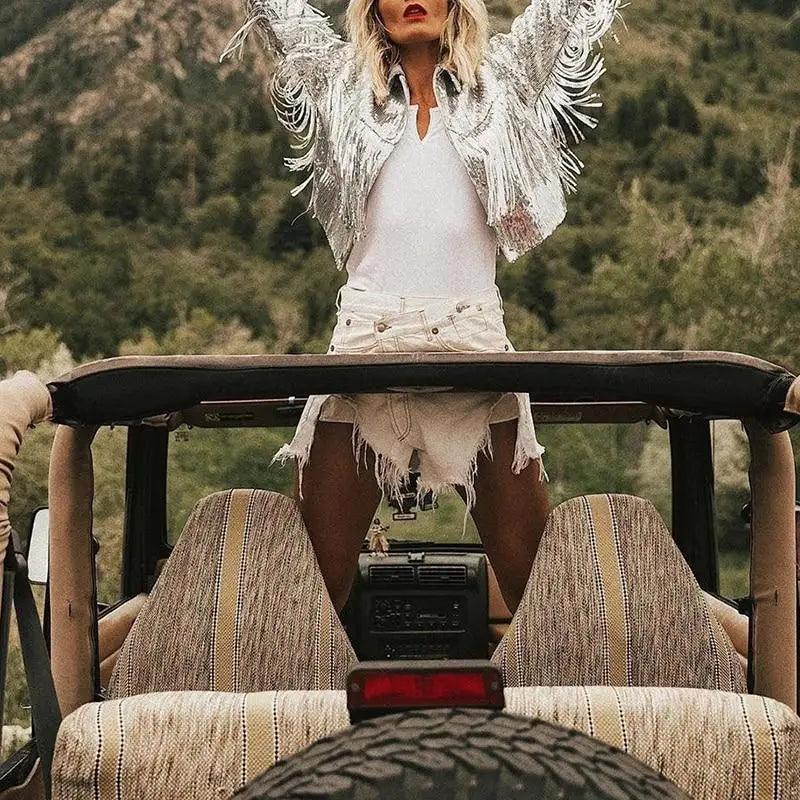 Sterlling Women's Tassel Sequin Jacket Autumn Winter Streewear Rock Stylish Long-sleeved Silver Reflective Jacket Women Outwear Tops