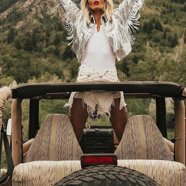 Sterlling Women's Tassel Sequin Jacket Autumn Winter Streewear Rock Stylish Long-sleeved Silver Reflective Jacket Women Outwear Tops