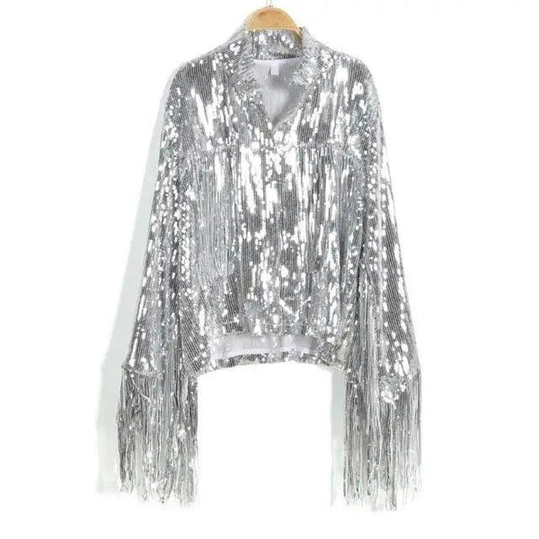 Sterlling Women's Tassel Sequin Jacket Autumn Winter Streewear Rock Stylish Long-sleeved Silver Reflective Jacket Women Outwear Tops