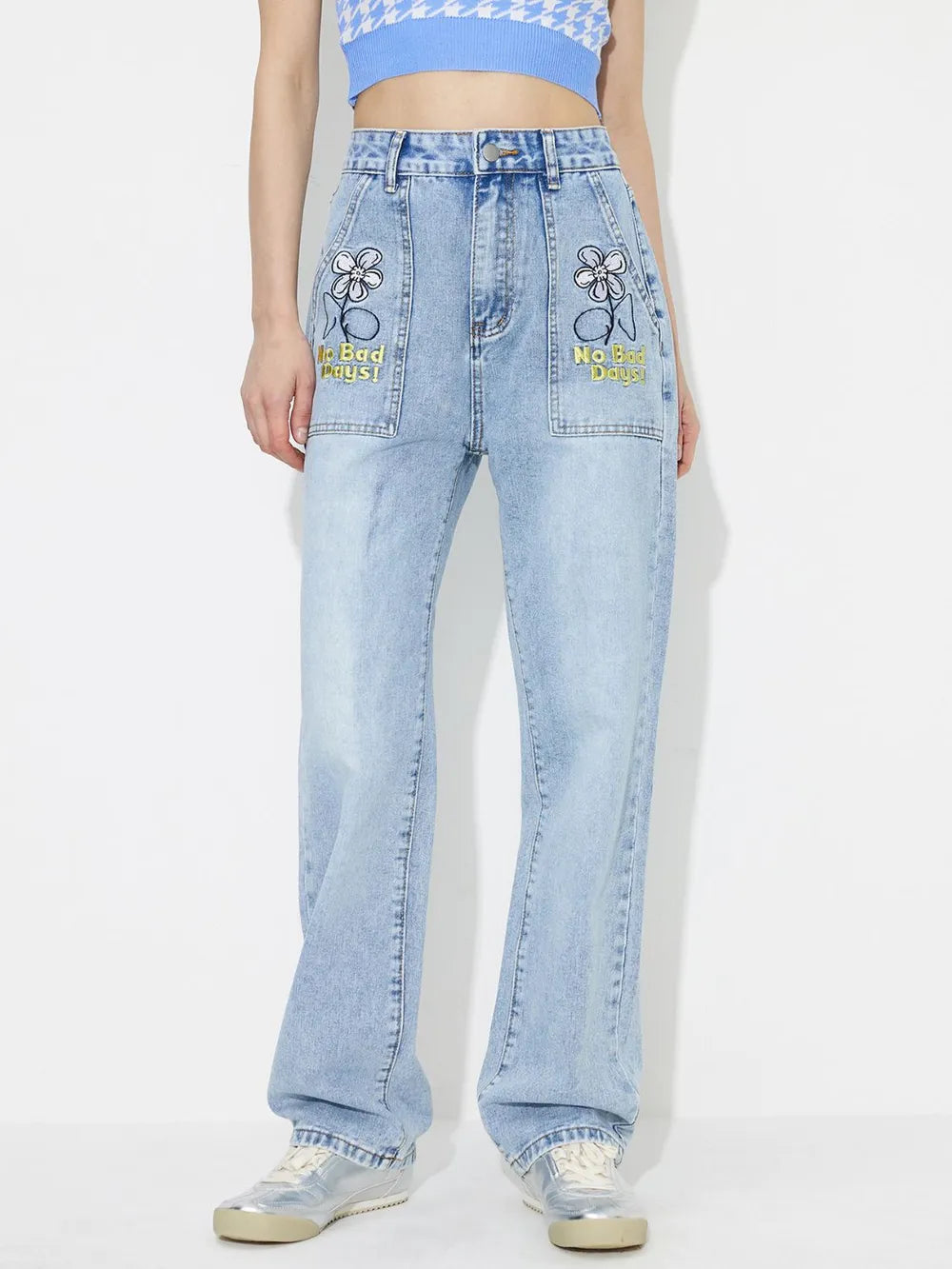 Straight embroidered loose high waisted denim pants