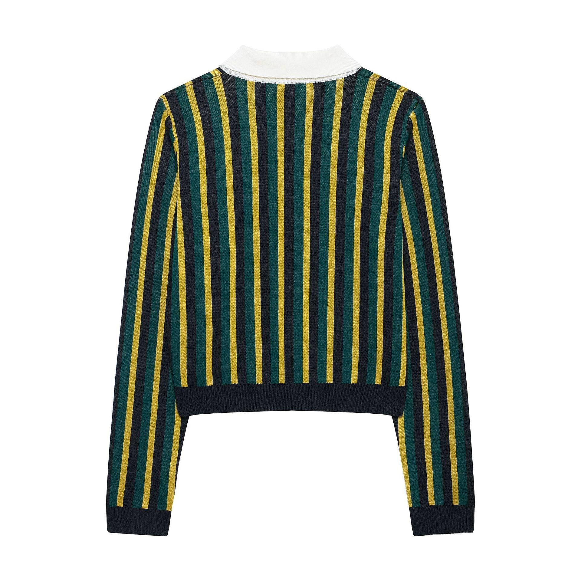 Striped lapel long sleeved casual knit sweater