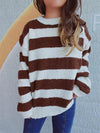 Striped Round Neck Long Sleeve Sweater - Dark Brown / S