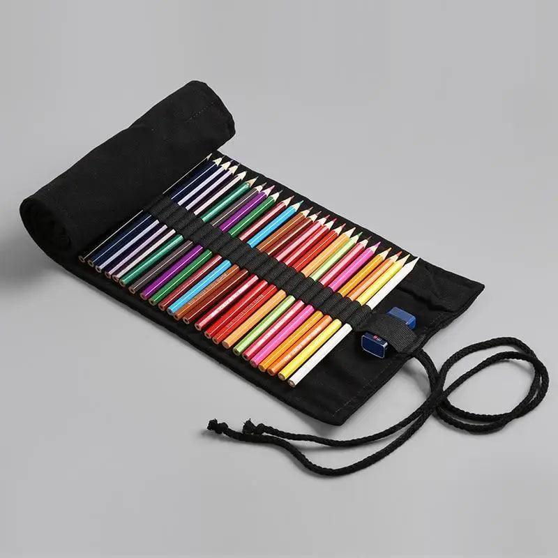 Students Roll Design Black Color Pencil Retro Canvas Wrap Up Pencil Case High Quality Stationary Pouch