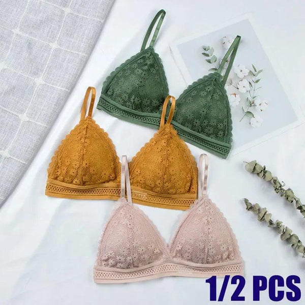 Stunning Hot Look Women's Lace Bra No Steel Ring Beauty Back comfor Wrapped Chest Comfortable Daisy Brassiere Stretch Triangle Cup Padded Underwear 1/2Pcs