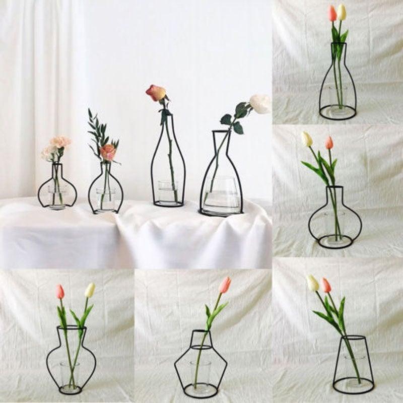 Style Retro Line Flowers Vase Frame Nordic Style Wall Hanging Metal Holder Modern Solid Home Decor Modern Rose Frame Clear Vase Planter Flower Holder Decorations for Wedding Living Room, Office Party