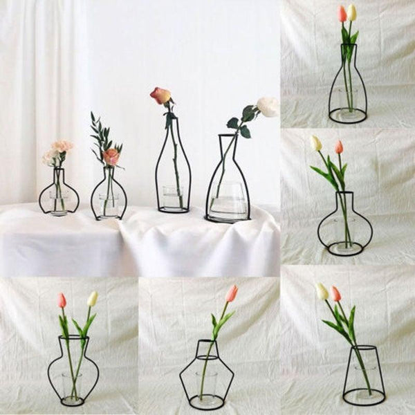 Style Retro Line Flowers Vase Frame Nordic Style Wall Hanging Metal Holder Modern Solid Home Decor Modern Rose Frame Clear Vase Planter Flower Holder Decorations for Wedding Living Room, Office Party
