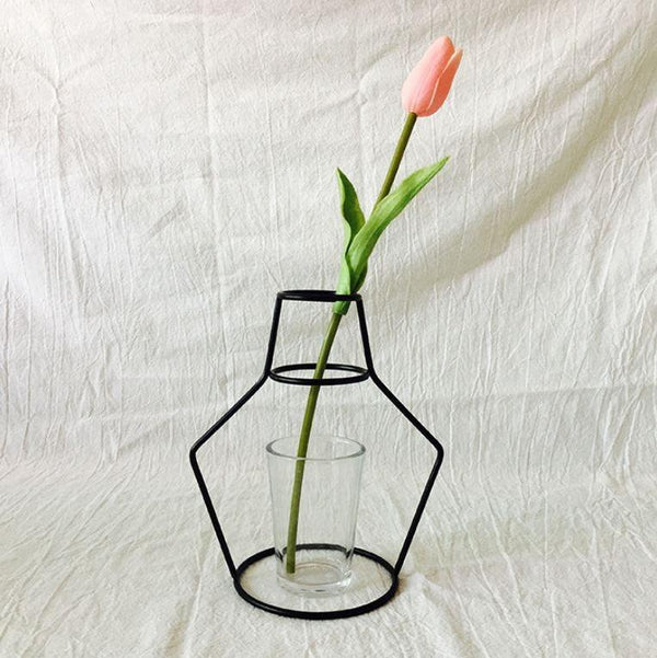 Style Retro Line Flowers Vase Frame Nordic Style Wall Hanging Metal Holder Modern Solid Home Decor Modern Rose Frame Clear Vase Planter Flower Holder Decorations for Wedding Living Room, Office Party