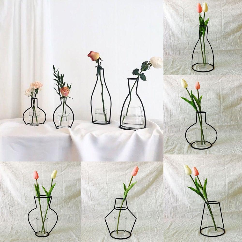Style Retro Line Flowers Vase Frame Nordic Style Wall Hanging Metal Holder Modern Solid Home Decor Modern Rose Frame Clear Vase Planter Flower Holder Decorations for Wedding Living Room, Office Party