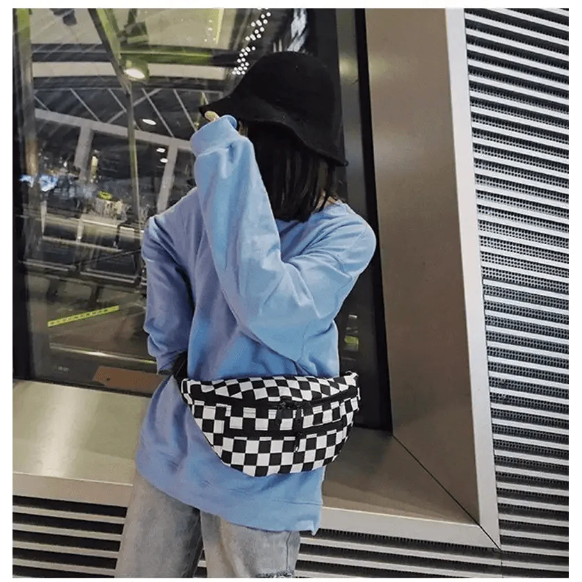 Stylish And Fashionable Fanny Bag For Women Rave Festival Bum Travel Waist Pack Black And White Checkered