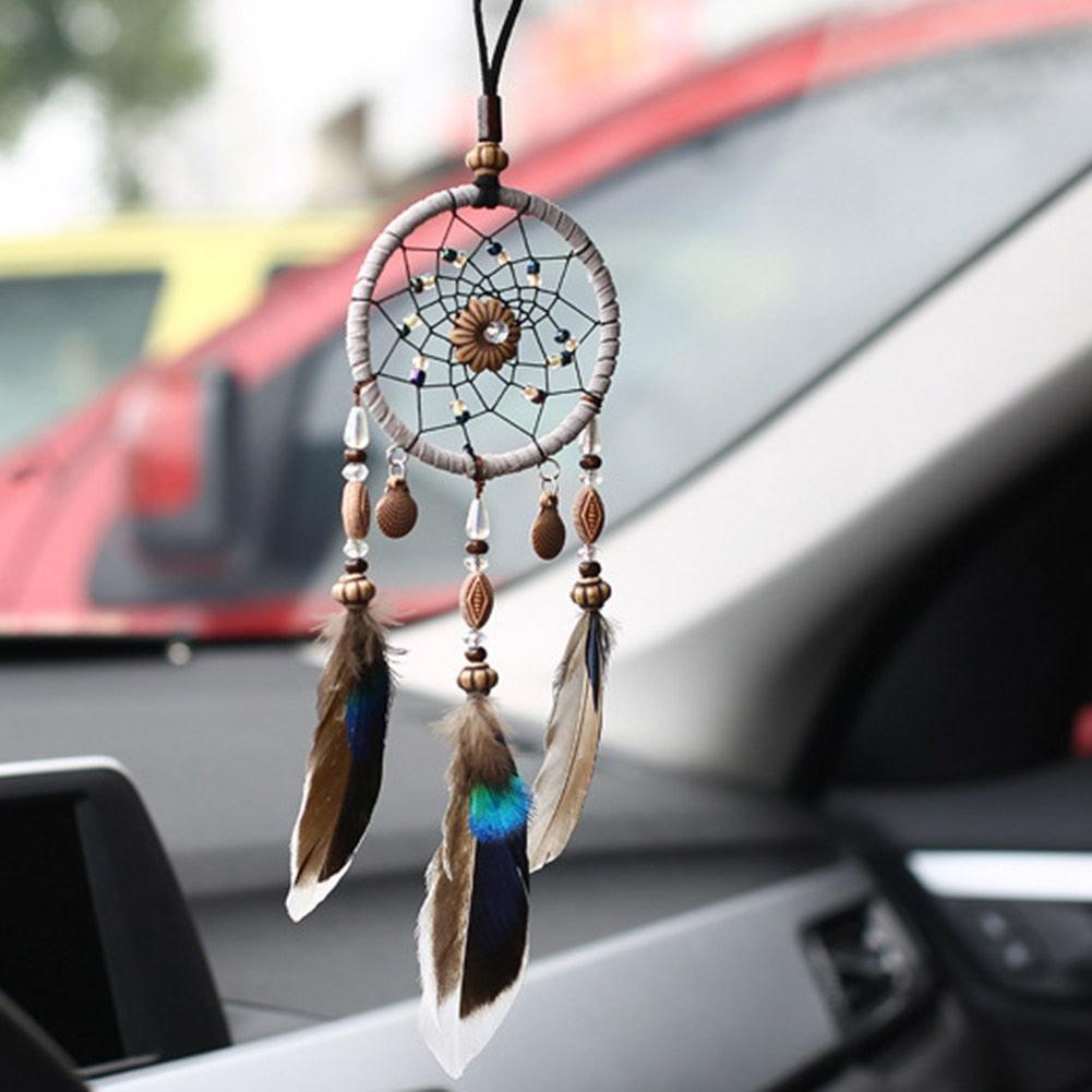 Stylish Hangings Dream Catcher Interior Rear-view Mirror Hanging Decor Car Pendant Grids Nature Feather Wind Chimes Round Ring Circle Handmade Home Decorations Handcrafts Car Charms Pendant Accessories