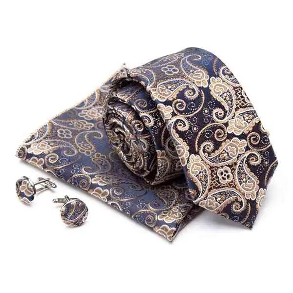 Stylish Silk Necktie With Pocket Square And Matching Cufflinks Set For Men Retro Formal Wear Necktie Set For Men