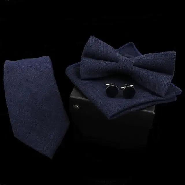 Stylish Solid Color Polyester Tie Bowtie Handkerchief Cufflinks Set For Men Butterfly Wedding Party Necktie Men's Fashion Bowtie