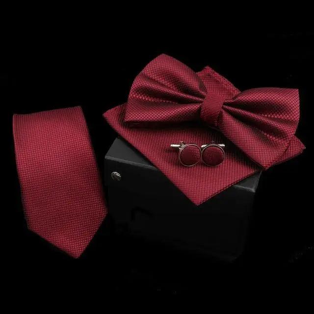 Stylish Solid Color Polyester Tie Bowtie Handkerchief Cufflinks Set For Men Butterfly Wedding Party Necktie Men's Fashion Bowtie