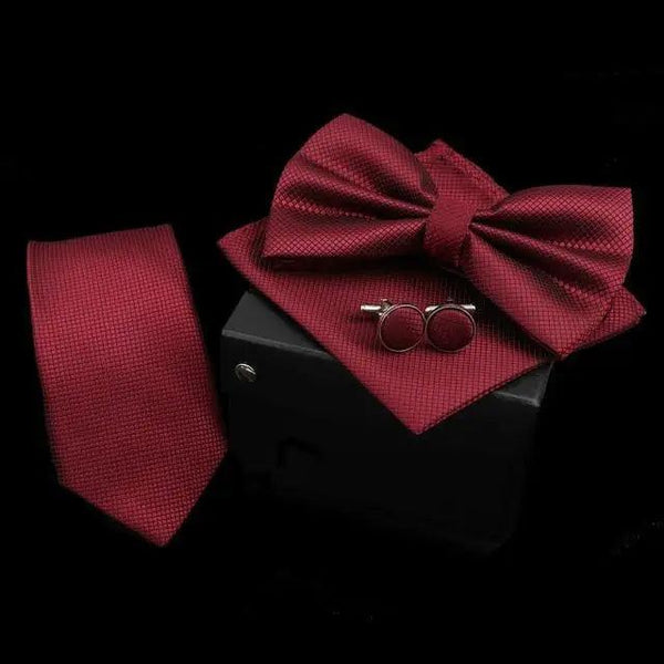 Stylish Solid Color Polyester Tie Bowtie Handkerchief Cufflinks Set For Men Butterfly Wedding Party Necktie Men's Fashion Bowtie