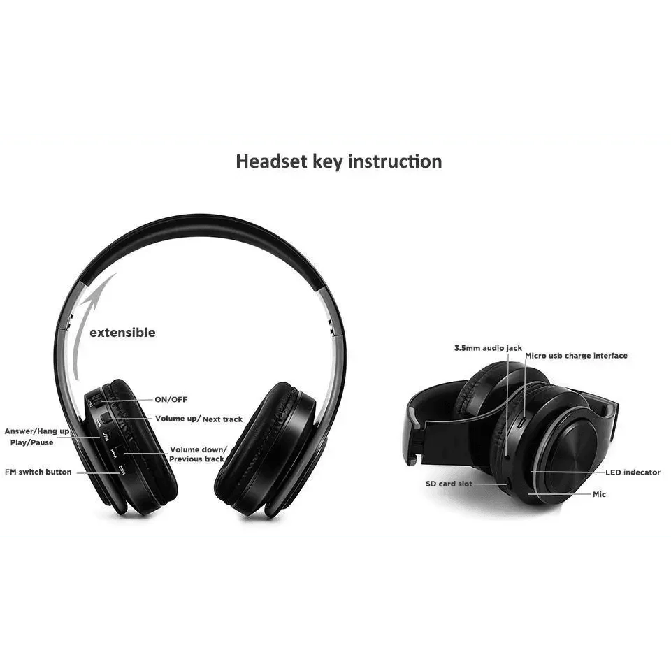 Stylish Wireless Bluetooth Headphone Stereo Headset Music Headset Foldable Wireless and Wired Stereo Headset Micro SD/TF FM For Cell Phone PC
