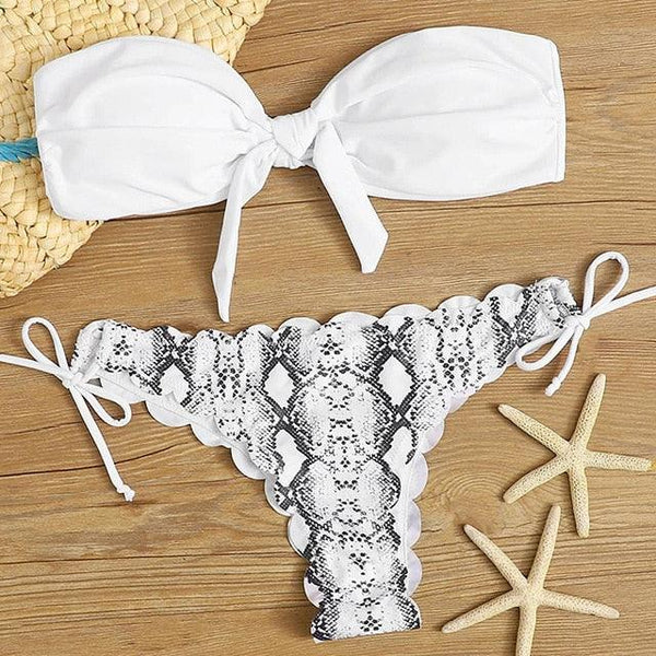 Summer Blue Bikini Women Swimwear Female Swimsuit  Women’s Floral Print Lace-up Strapless Padded Comfortable Swimwear Bathing Suit Two-pieces Bikini Set Knotted Bathing Swim Suit