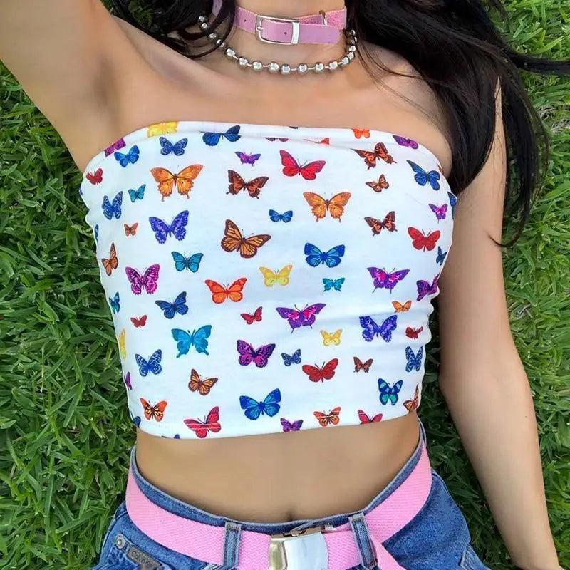 Summer fashion styles sleeveless butterfly print sexy streetwear crop tops cute tops for Women