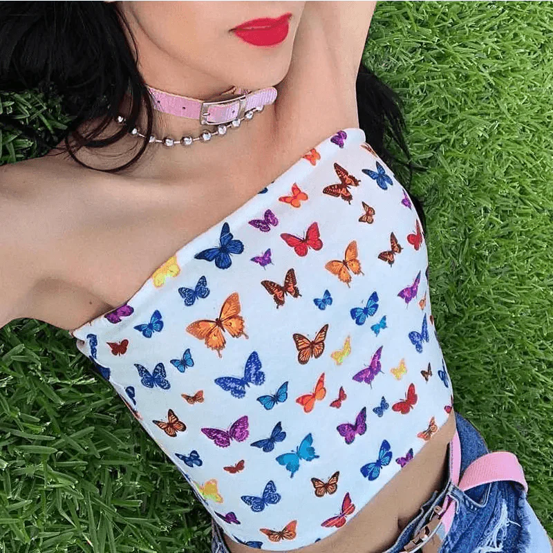 Summer fashion styles sleeveless butterfly print sexy streetwear crop tops cute tops for Women