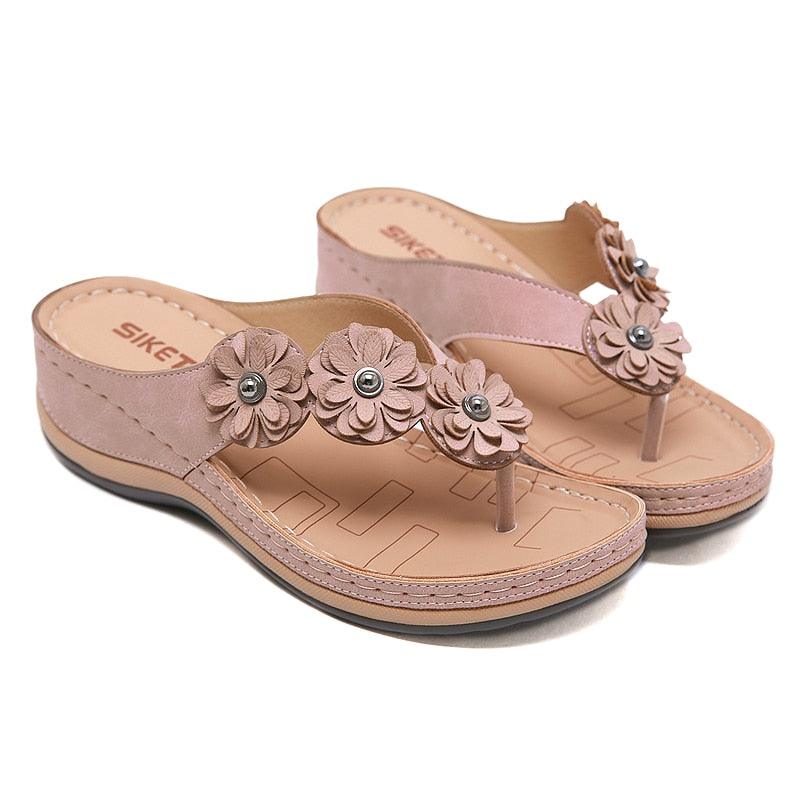 Summer Flat Sandal For Women Multicolor Handmade Retro Flowers Flip-Flops Women Slippers Cute Flat Summer Flats Sandals Women Strappy Flat Open Toe Sandals
