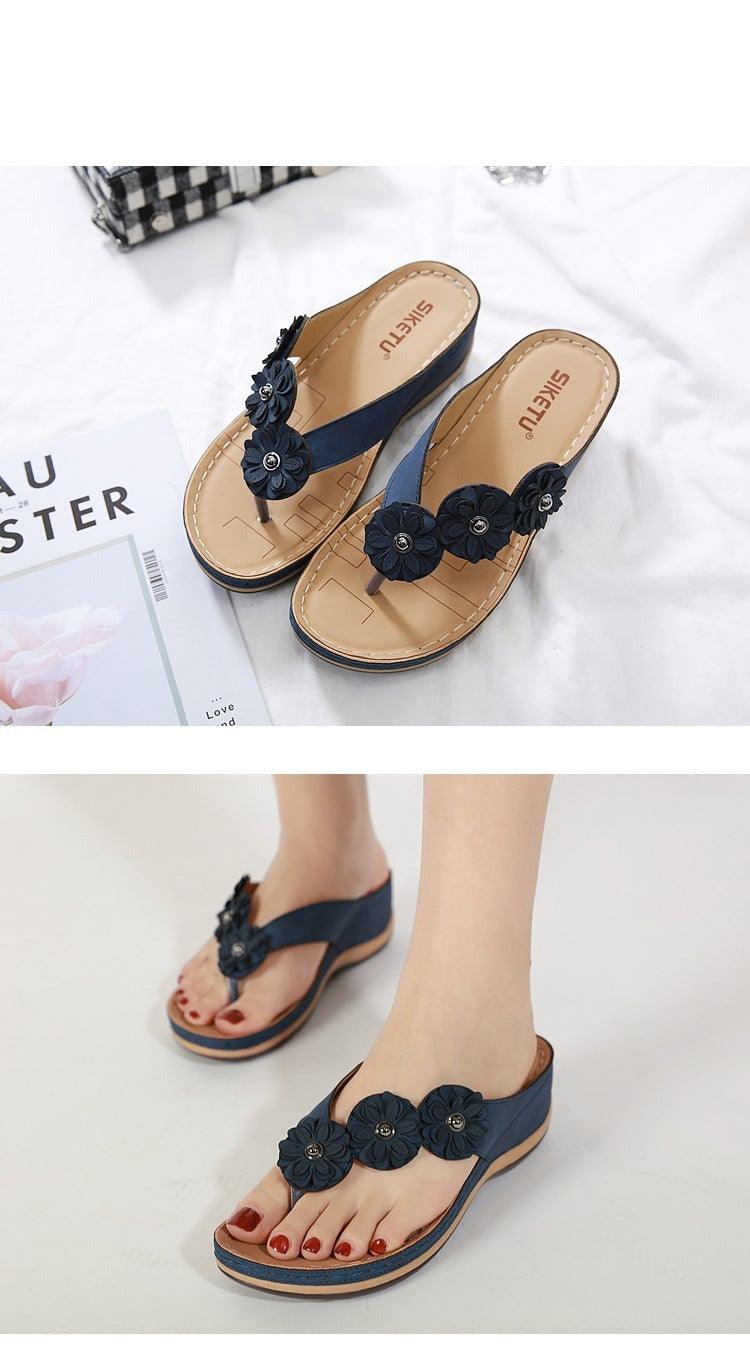 Summer Flat Sandal For Women Multicolor Handmade Retro Flowers Flip-Flops Women Slippers Cute Flat Summer Flats Sandals Women Strappy Flat Open Toe Sandals
