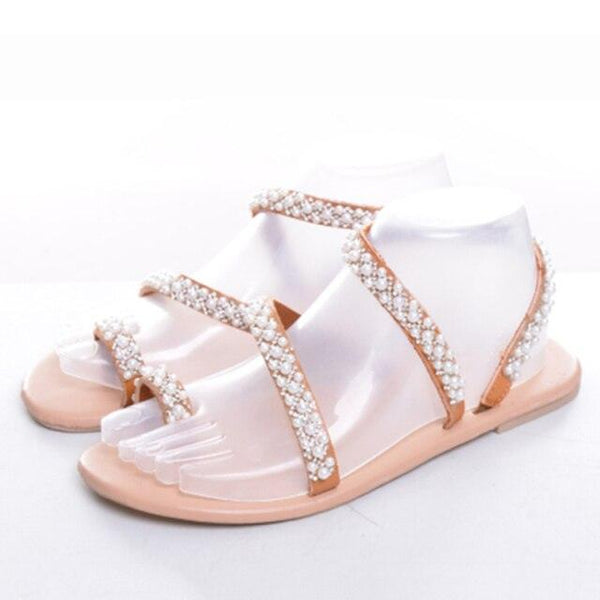 Summer Flat Sandals Sweet Pearl Decoration Sandals Leather Flats Women Beach Holiday Shoes Rhinestones Flat Strap Sandals Comfort Open Toe Flat Luxury Women Sandals