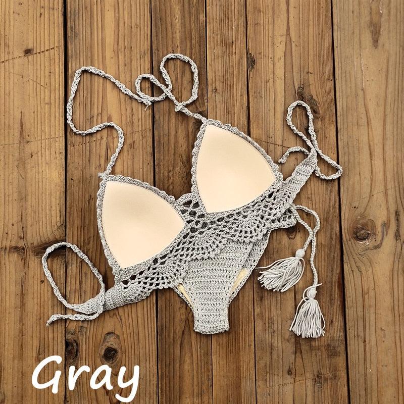 Summer Hand Crochet Women Swimwear Crop Top Push Up Bikini Set Beach Swimsuit Suit Tassel Swim Beach Beachwear Bikini Bra Bikini Swimsuit Women Beach Crochet Crop Summer Halter Bikini