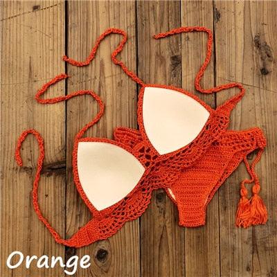 Summer Hand Crochet Women Swimwear Crop Top Push Up Bikini Set Beach Swimsuit Suit Tassel Swim Beach Beachwear Bikini Bra Bikini Swimsuit Women Beach Crochet Crop Summer Halter Bikini