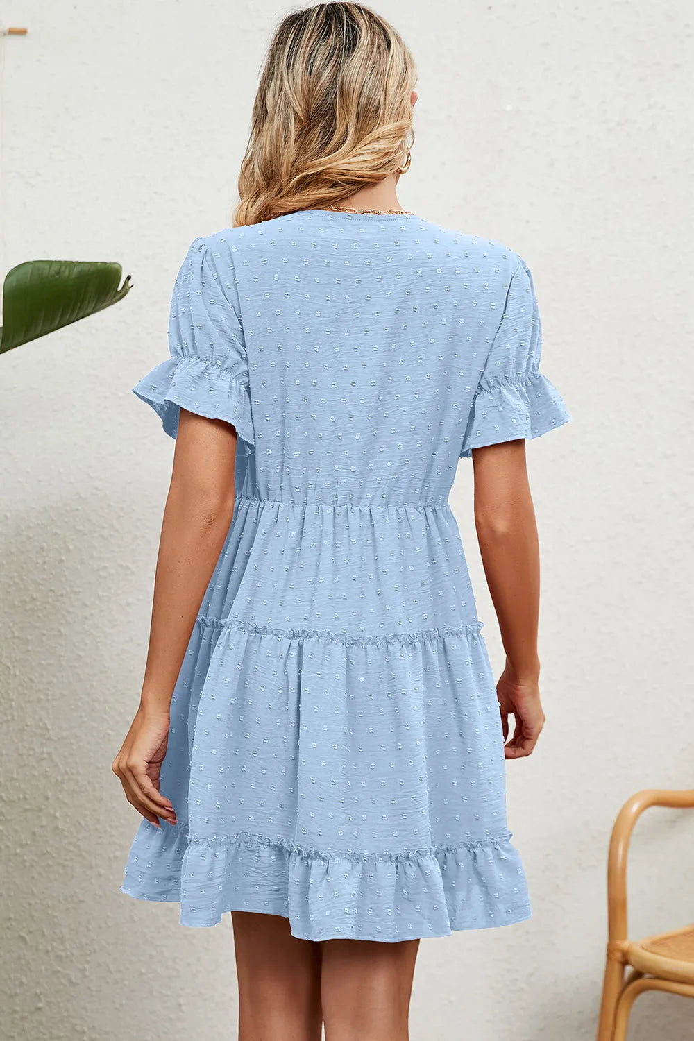 Summer Jacquard Hairball V-neck Loose Solid Color Elastic Waist Dress for Women