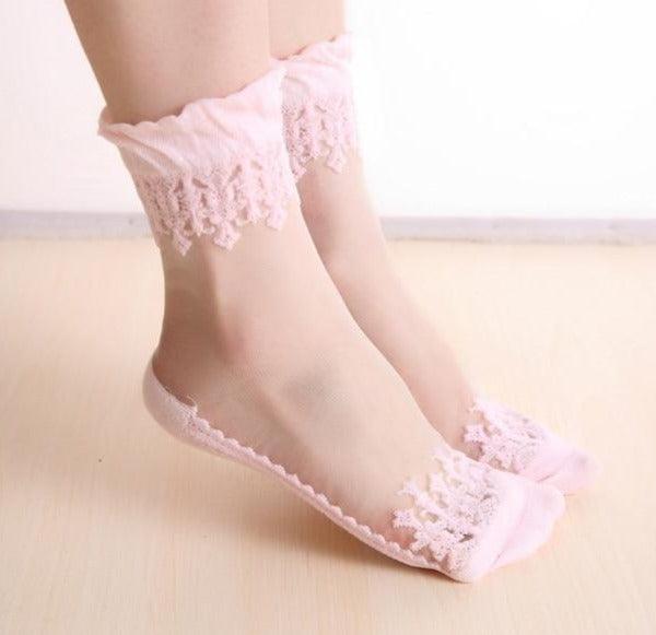 Summer Ladies Lace Embroidery Silk Transparent Glass Crystal Stretch Women Socks Breathable See Through Socks Ankle Socks For Women