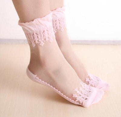 Summer Ladies Lace Embroidery Silk Transparent Glass Crystal Stretch Women Socks Breathable See Through Socks Ankle Socks For Women