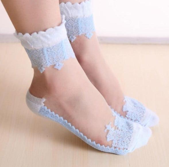 Summer Ladies Lace Embroidery Silk Transparent Glass Crystal Stretch Women Socks Breathable See Through Socks Ankle Socks For Women