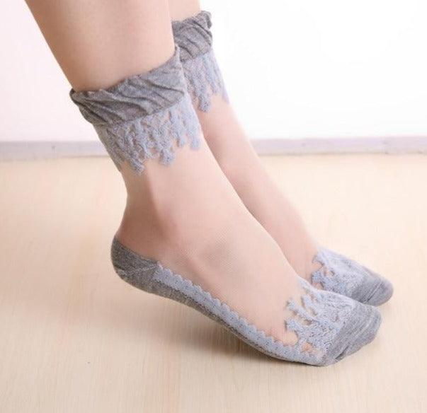 Summer Ladies Lace Embroidery Silk Transparent Glass Crystal Stretch Women Socks Breathable See Through Socks Ankle Socks For Women