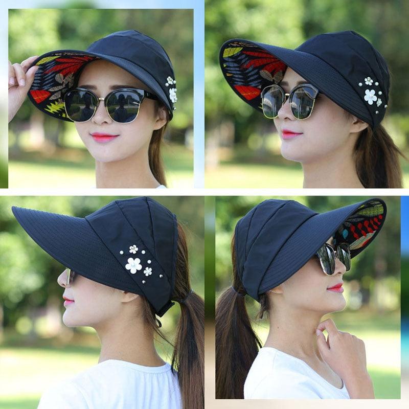 Summer Modern Adult Hats For Women Foldable Sun Hat Women's Adjustable Packable Roll-Up Visor Flower Hat Outdoor Female Casual Baseball Cap For Sport