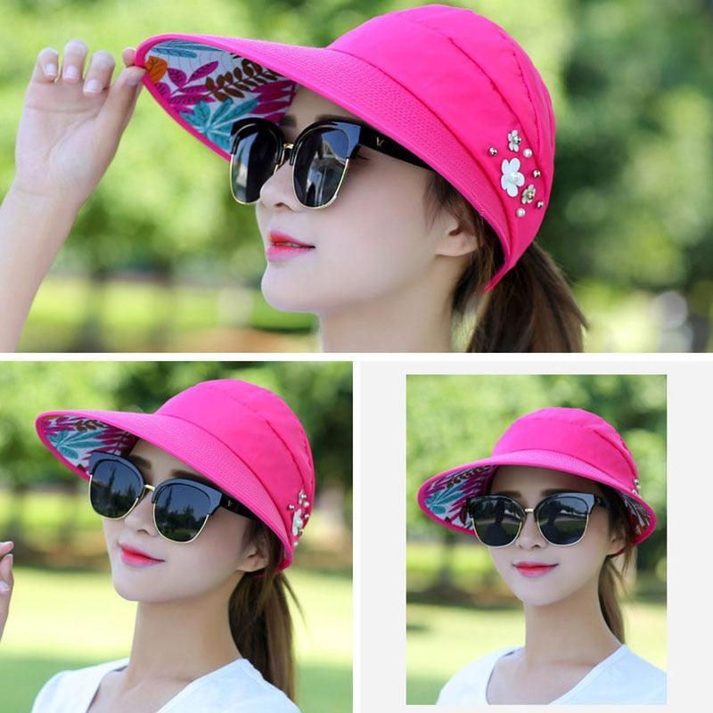 Summer Modern Adult Hats For Women Foldable Sun Hat Women's Adjustable Packable Roll-Up Visor Flower Hat Outdoor Female Casual Baseball Cap For Sport