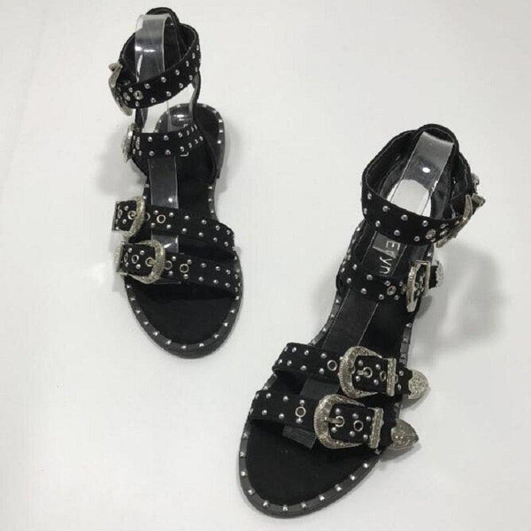 Summer Multiple Buckle Sandals  Ankle Wrap Women Sandals Open Toe Metal Back Strap Flat Heels Flat Sandals Open Toe Summer's Sandals For Women Cute Open Toes Ankle Strap Flexible Summer Flat Sandals