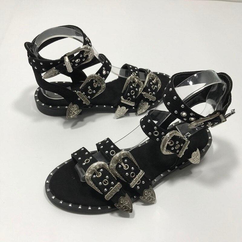 Summer Multiple Buckle Sandals  Ankle Wrap Women Sandals Open Toe Metal Back Strap Flat Heels Flat Sandals Open Toe Summer's Sandals For Women Cute Open Toes Ankle Strap Flexible Summer Flat Sandals