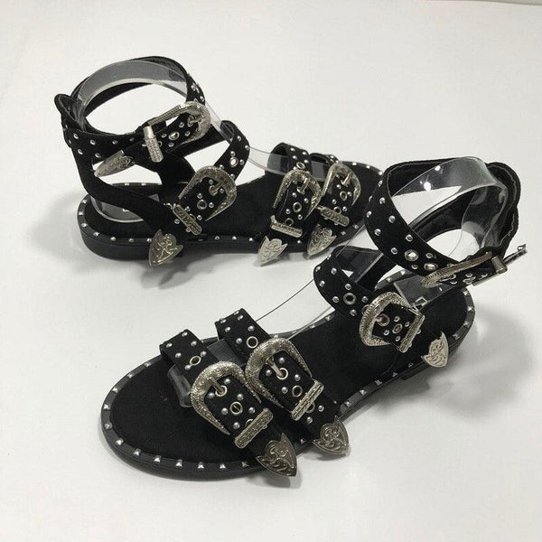 Summer Multiple Buckle Sandals  Ankle Wrap Women Sandals Open Toe Metal Back Strap Flat Heels Flat Sandals Open Toe Summer's Sandals For Women Cute Open Toes Ankle Strap Flexible Summer Flat Sandals