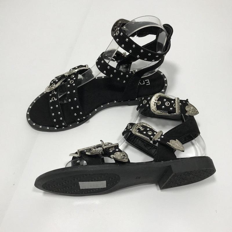 Summer Multiple Buckle Sandals  Ankle Wrap Women Sandals Open Toe Metal Back Strap Flat Heels Flat Sandals Open Toe Summer's Sandals For Women Cute Open Toes Ankle Strap Flexible Summer Flat Sandals