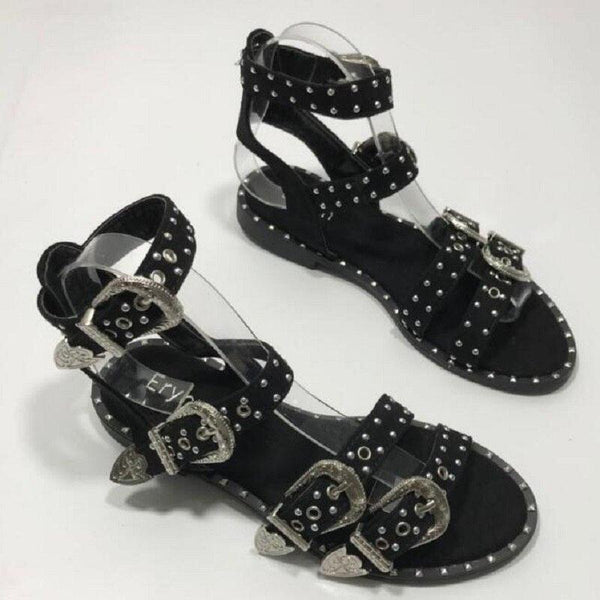 Summer Multiple Buckle Sandals  Ankle Wrap Women Sandals Open Toe Metal Back Strap Flat Heels Flat Sandals Open Toe Summer's Sandals For Women Cute Open Toes Ankle Strap Flexible Summer Flat Sandals