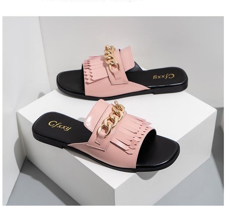 Summer New Women Slippers Open-Toe Flat Slippers Fashion Buckle Beach Slides Casual Flip Flops Women Shoes Slip On Comfortable Pointed Toe Loafers Women Luxury Black Sandals